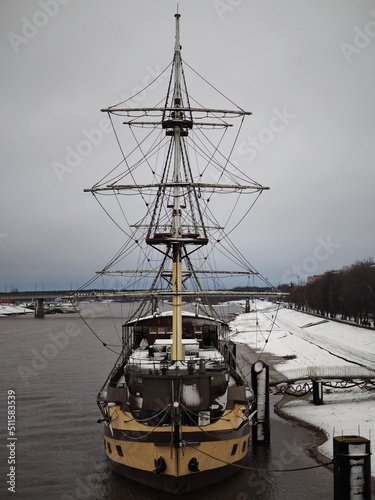 Tourist attraction. View of the Volkhov River and the Flagman frigate. Veliky Novgorod, Russia.