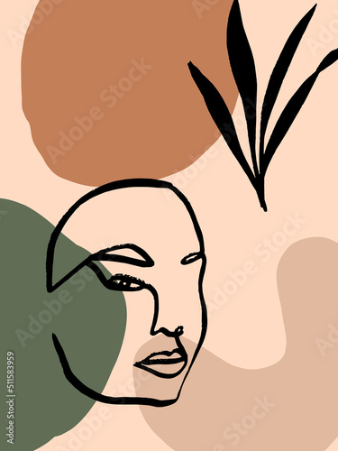 Modern Abstract shapes element and Woman Portrait. Contemporary beige collage template. Wall art. Scandinavian style print for Wallpaper, Social media, Placard, Poster, Story, Sale. 