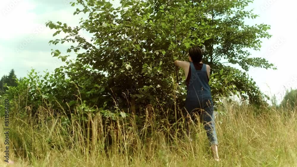 A guy in a farm jumpsuit pins something to a tree with a hammer A guy in a farm jumpsuit pins something to a tree with a hammer
