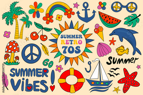 Retro 70s summer vibe, hippie stickers, psychedelic groovy elements. Cartoon funky marine sea, palm vacation rainbow, vintage hippy style element. vector illustration.