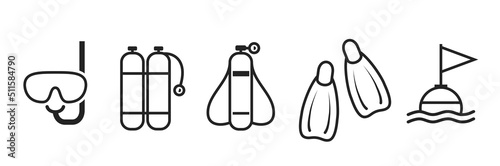 diving line icon set. scuba, sea vacation and active tourism symbols