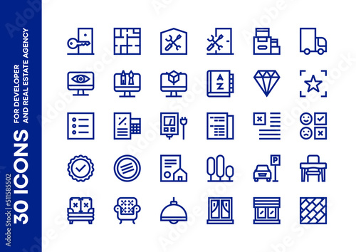 Pack of 30 of flat icons for developer or real estate agency related to the process of buying / selling, financing and maintenance of new house or apartment.