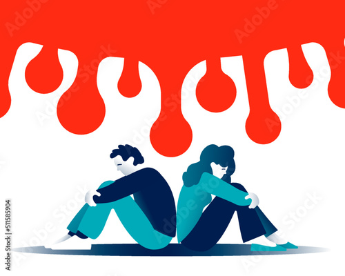 A couple sitting with their backs to each other with a looming coronavirus. Quarantine relationship problems concept. Relationship problems, boredom at home and quarrel during covid-19 lockdown.