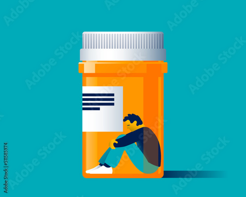 Lonely man trapped in a medicine jar. Symbolic for drugs, psychopharmaceuticals, nootropics and other drugs. The medicine. Brain treatment. Drug dependence. Vector illustration