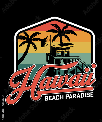 Hawaii beach paradise palm tree sunset style retro vintage t-shirt design vector