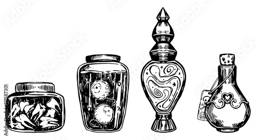 Set of witch jars. Glass bottles, mystical jars with eyes, teeth, love potion. Ink sketches vector collection. Halloween mystery cliparts isolated on white.