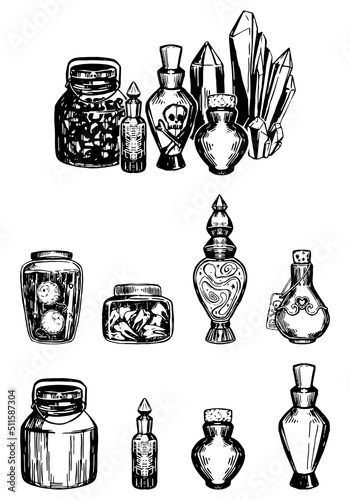 Set of witch jars with potions and poisons. Glass bottles, mystical jars with eyes, teeth, love potion, crystals. Sketches vector collection. Halloween mystery cliparts isolated on white.
