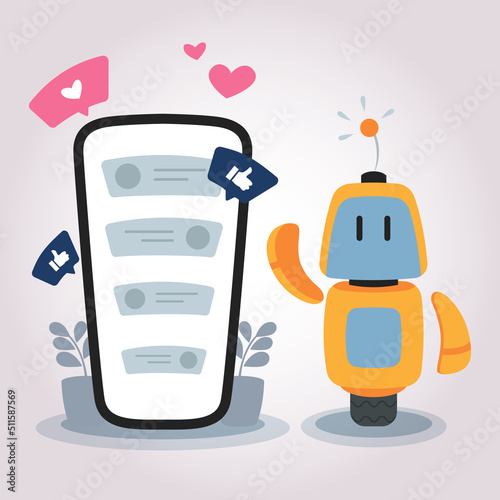 Concept phone illustration with robot assistant and chat. Conversation in social media, digital article and advertising