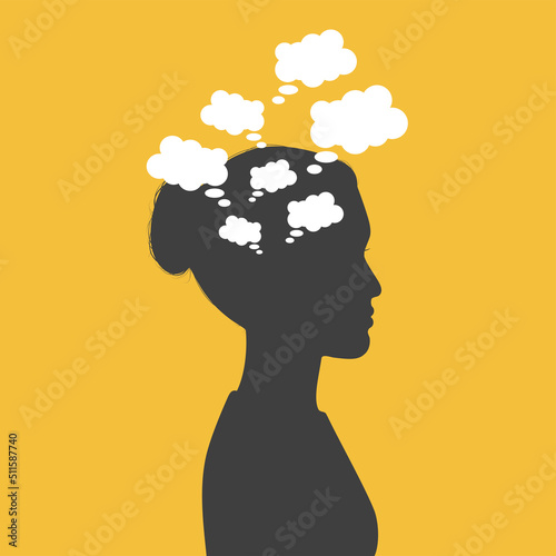 Woman with intrusive thoughts. Speech bubbles in head - metaphor of obsessions, OCD, ADHD and other mental disorders. photo