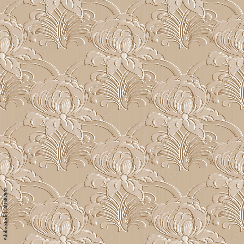 Textured floral 3d peonies seamless pattern. Embossed beige ornate background. Vintage emboss blossom peony flowers, leaves. Repeat surface vector backdrop. Baroque stylle relief floral 3d ornaments