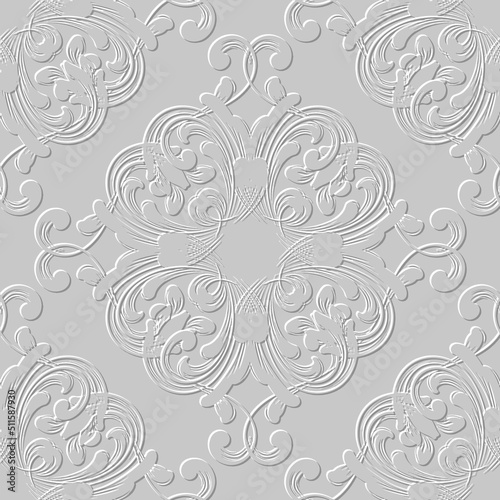 Floral vintage white 3d seamless pattern. Vector embossed grunge background. Repeat emboss backdrop. Surface relief 3d flowers leaves. Damask ornaments. Textured floral design with embossing effect