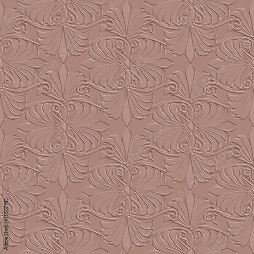 3d embossed floral greek seamless pattern. Textured beautiful flowers. Relief monochrome background. Repeat emboss backdrop. Surface flowers. Ethnic style decorative ornaments with embossing effect.