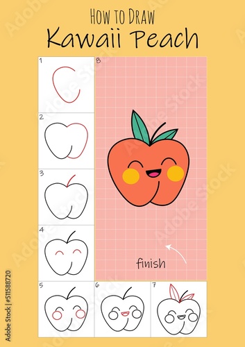 How to draw kawaii peach for children. Step by step drawing tutorial. Easy  guide to learning to draw. Activity game for kids. 
