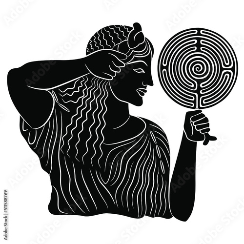 Pretty ancient Greek girl holding a round spiral maze or labyrinth symbol as a mirror. Ariadne. Creative philosophical concept. Black and white silhouette. Antique woman combing her hair.