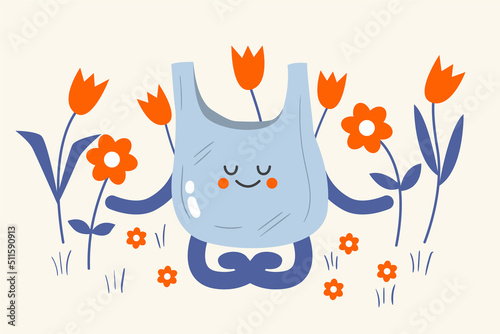 Funny hand drawn illustration of plastic bag meditating in the garden. Can be used to illustrate nature pollution problem for kids. Recycle and reuse garbage concept with cute comic character