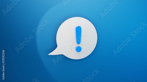 Blaues Aufrufezeichen auf einer weissen Sprechblase mit blauem Hintergrund für Hinweis, News, Neuigkeiten, 3D-Rendering