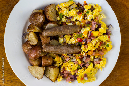 scramble egg with ham peppers and onions photo