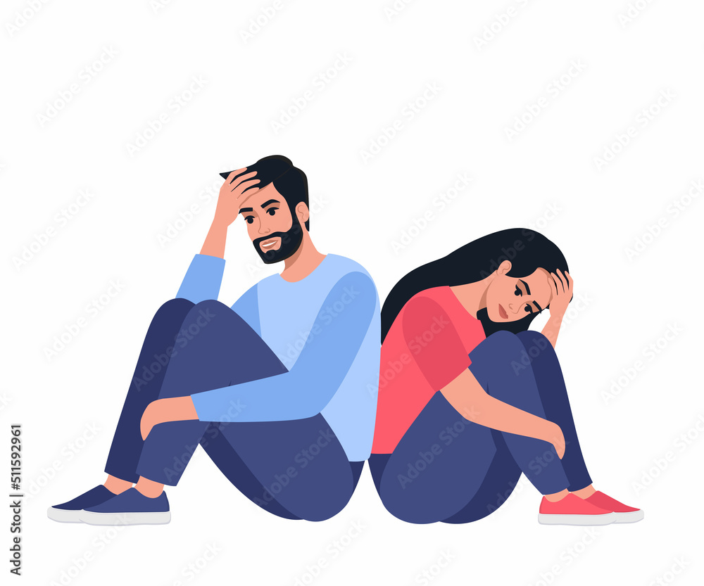 Exhausted man and woman sitting on the floor, hugging their knees. Tired couple. Young people needs psychological help. Vector illustration.