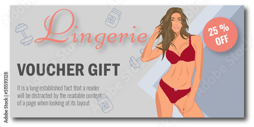 Lingerie Shop Card promotion voucher banner background with beautiful girl in red lingerie