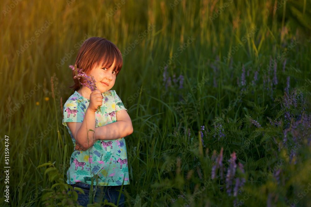 A little girl with a small bouquet of wildflowers in the grass in a meadow in the soft light of the setting sun. Selective focus. A little girl with a small bouquet of wildflowers in the grass in a meadow in the soft light of the setting sun. Selective focus.