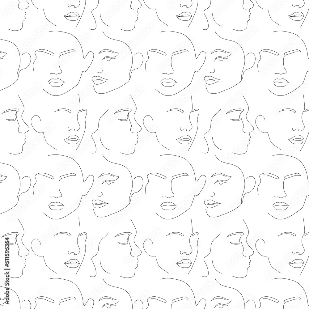 Minimalistic Pattern With One Line Women Faces Hand Drawn Vector Illustration In Contemporary Style