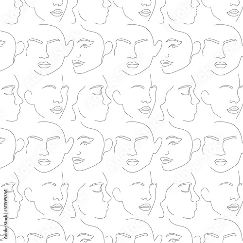 Minimalistic Pattern With One Line Women Faces Hand Drawn Vector Illustration In Contemporary Style