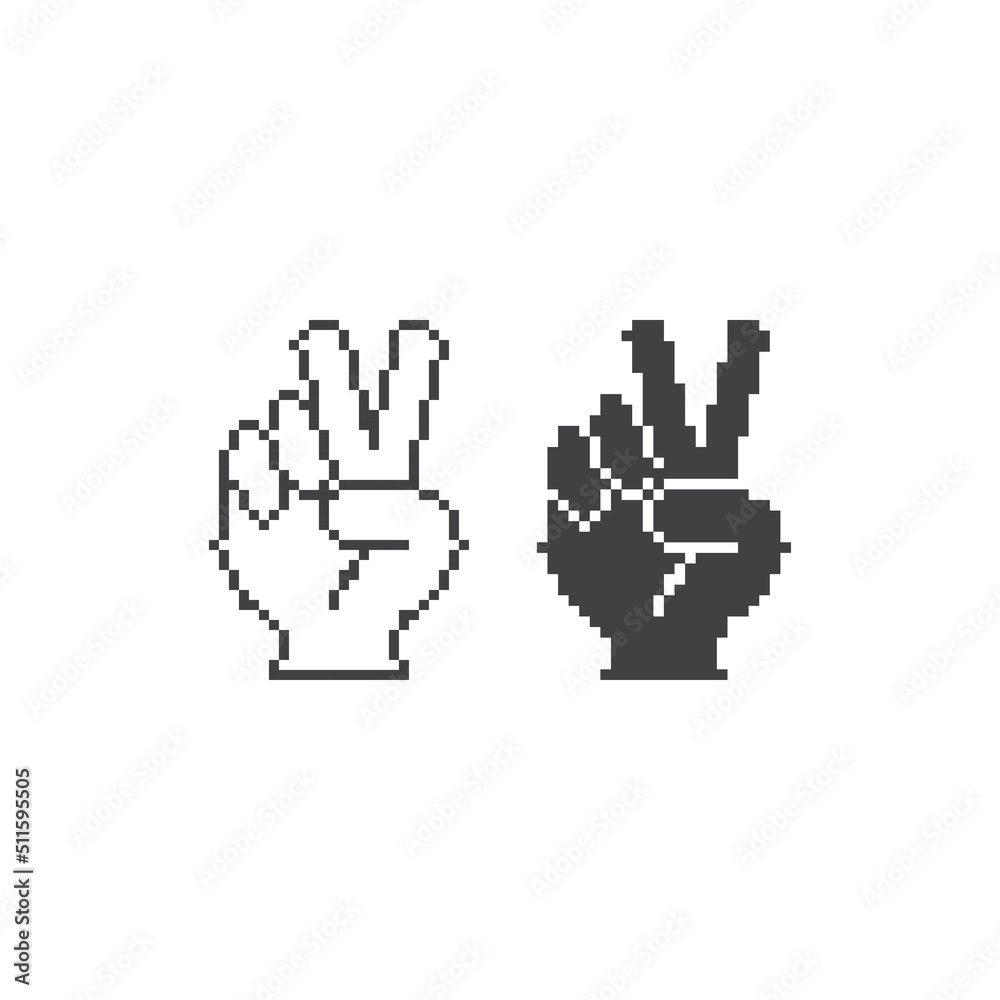 Peace hand sign, hand gesture V. Pixel art line icon vector icon illustration Peace hand sign, hand gesture V. Pixel art line icon vector icon illustration