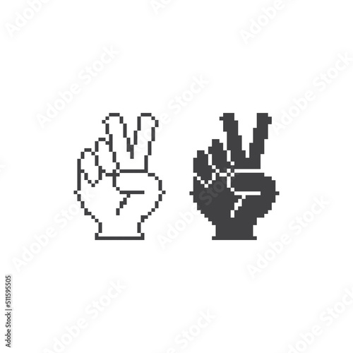 Peace hand sign, hand gesture V. Pixel art line icon vector icon illustration