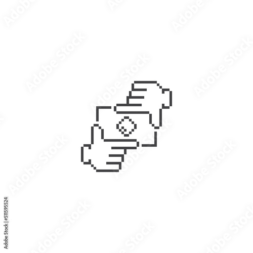 Framing hand like camera, photo crop. Pixel art line icon vector illustration