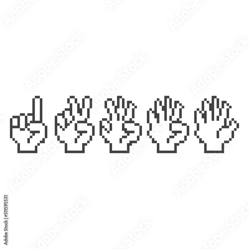 Hand count, gesture hand one, two, three, four, five, count to five. Pixel art line icon vector icon illustration