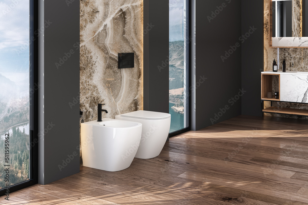 Toilet and bidet standing on parquet floor in beautiful modern bathroom with black and marble walls . Minimalist bathroom with modern furniture. 3d rendering
