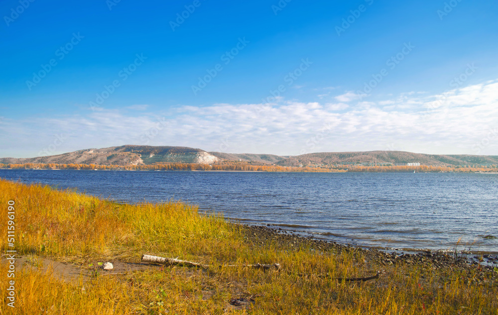 View of the Volga River and mountains from the banks of the Samarskaya Luka. Samara National Park.