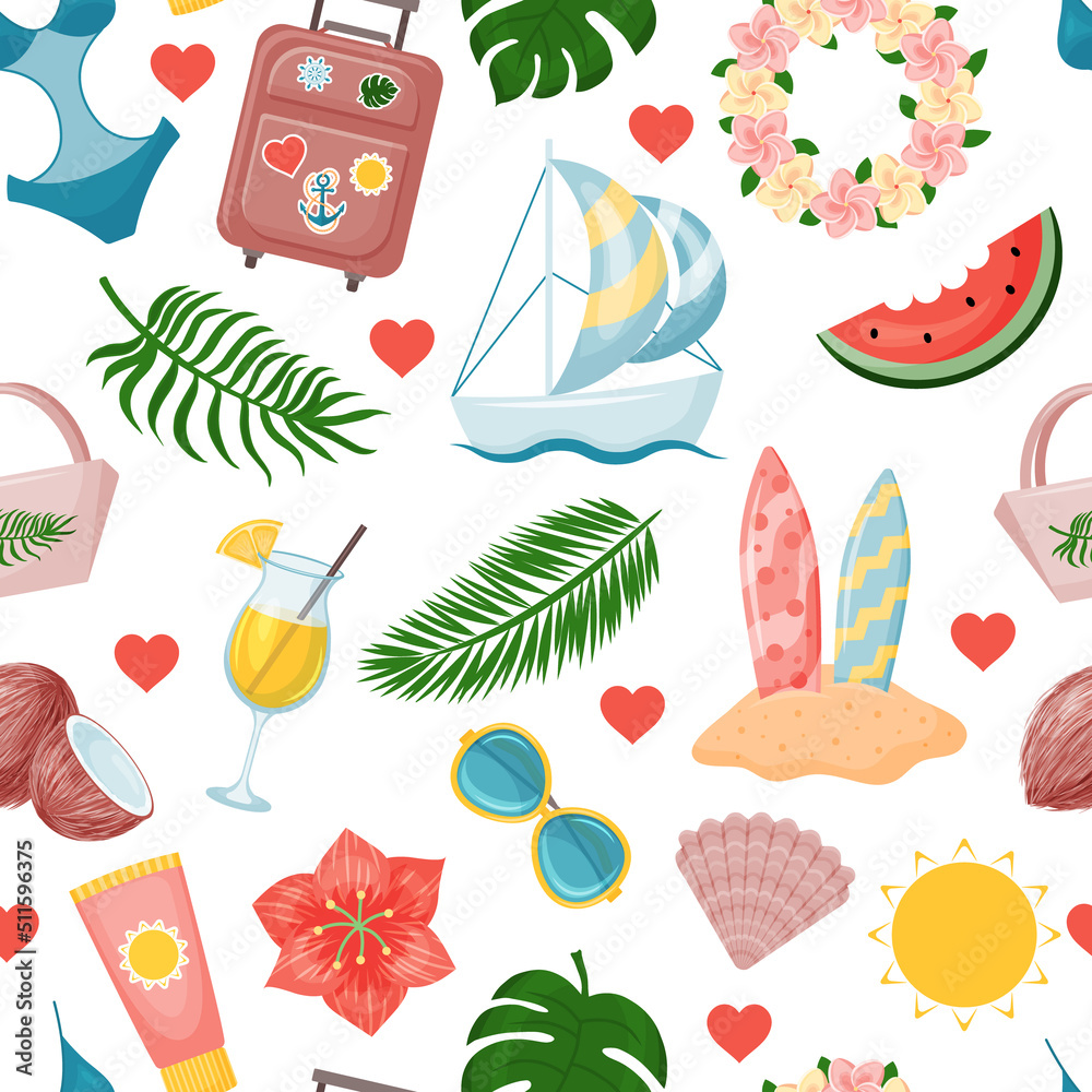 seamless pattern from cute summer elements suitcase, fruit, drinks, palm leaves, swimsuit, flowers. Endless texture. Vector illustration. Cartoon style.