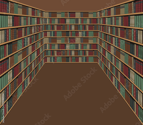 Library interior or bookstore. Bookshelves with books. Old books on the shelves. Vector illustration
