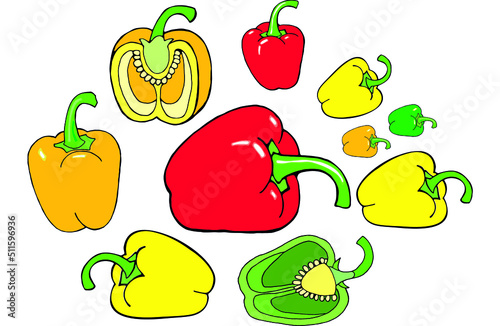 Cartoon peppers. Sweet red, yellow and hot peppers, bell pepper, juicy farm vegetables, pepper slices, cutaway peppers illustration set.