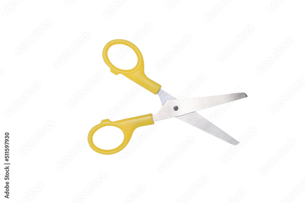 Paper cutting scissors with yellow handle on white background. Paper cutting scissors with yellow handle on white background.