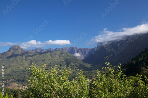 La Palma, view towards the highest area of the island, Caldera de Tabiriente, from a hiking path in El Paso municipality 