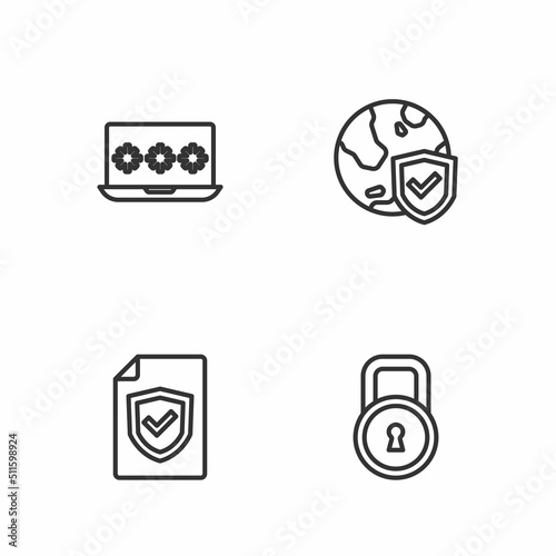 Set line Lock, Contract with shield, Laptop password and Shield world globe icon. Vector