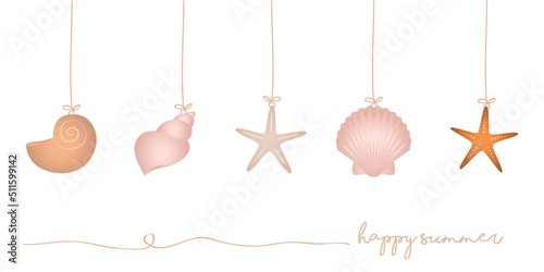 happy summer holiday banner set of hanging sea shell
