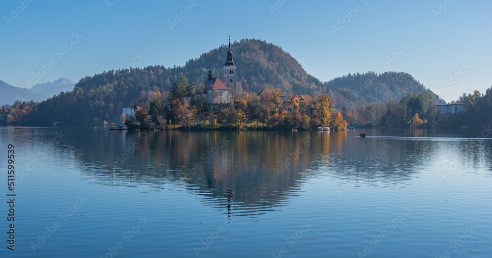 Lake Bled with perfect reflection in autumn season