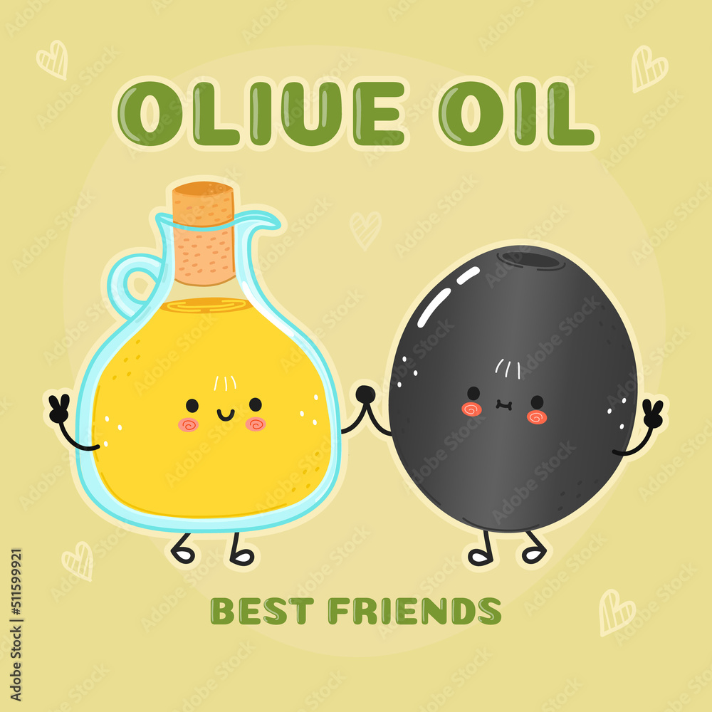 Cute happy olives and olive oil card. Vector hand drawn doodle style