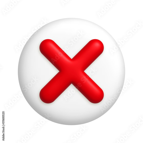 Red cancel cross mark icon on round white button. 3d realistic design element.