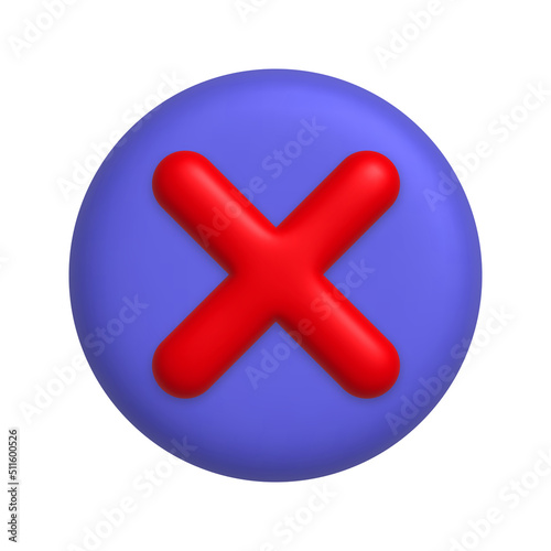 Red cancel cross mark icon on round purple button. 3d realistic design element.