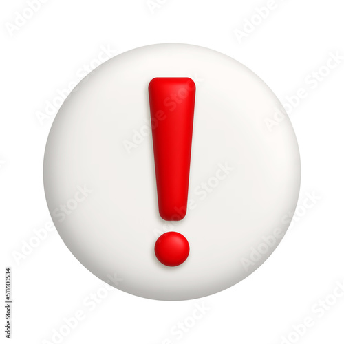 Red exclamation mark symbol on a white button. Attention or caution sign icon. 3d realistic design element.