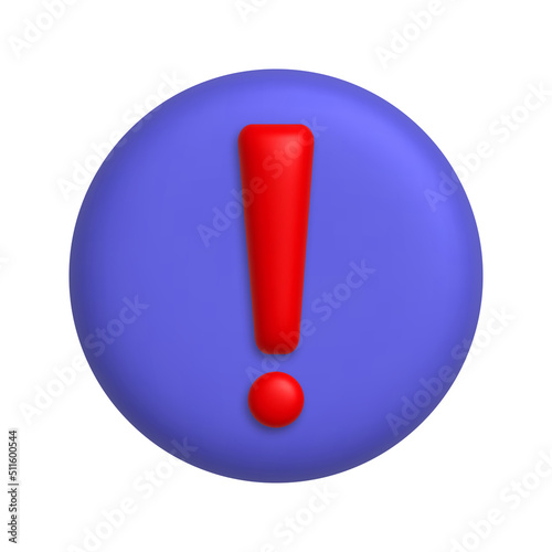 Red exclamation mark symbol on a purple button. Attention or caution sign icon. 3d realistic design element.