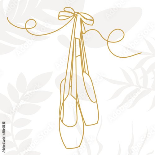Pointe shoes drawing by one continuous line, sketch vector