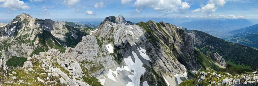 large mountain panorama on the wildhuser schofberg. wanderlust. Hiking in the Alpstein area. High quality photo.