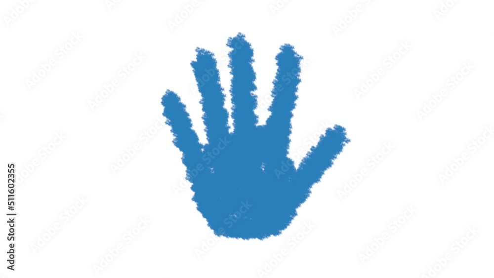 Painted human hand. 2D animation. Blue colour. Handprint. Five fingers. Concept. White background. isolated object. Welcome gesture. Painted human hand. 2D animation. Blue colour. Handprint. Five fingers. Concept. White background. isolated object. Welcome gesture.