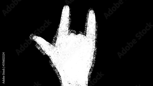 Rock music symbol. Human hand. 2D animation. Black color. Ron-n-roll. Your rock. Handprint. Musical direction. Rock music. Heavy metal. Concept. isolated object. Slogan.
