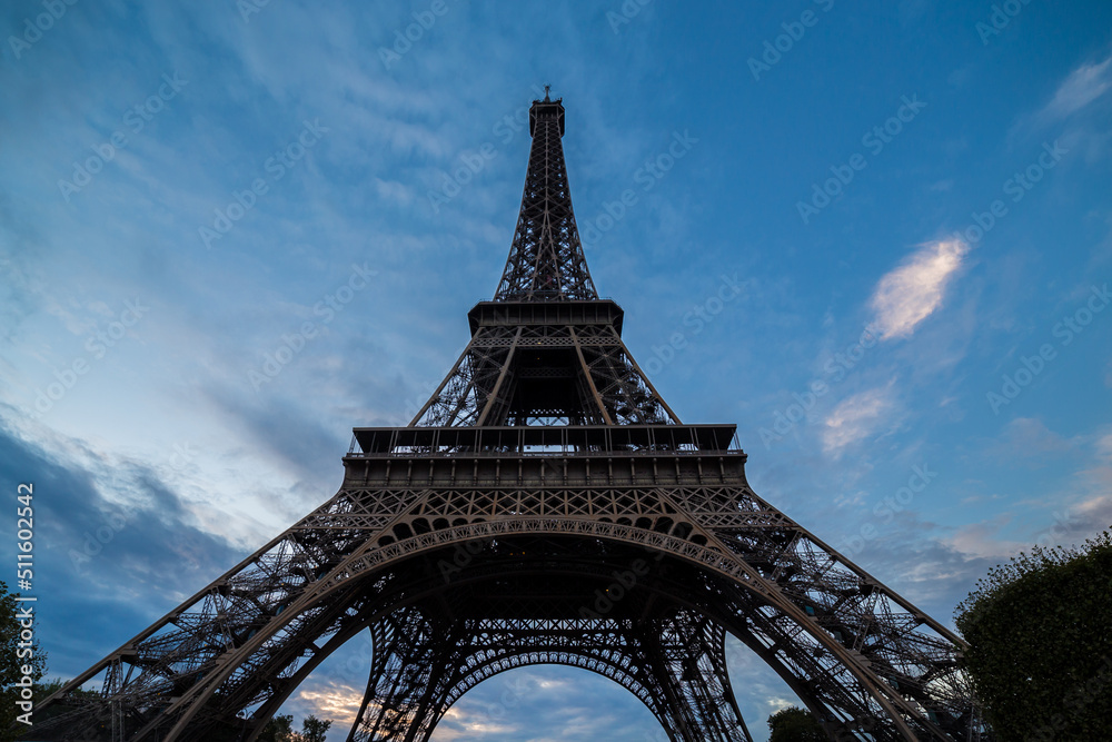 Paris Eiffel Tower. Eiffel Tower at sunset in Paris, France. Romantic travel background. Paris Eiffel tower France travel landmark. 